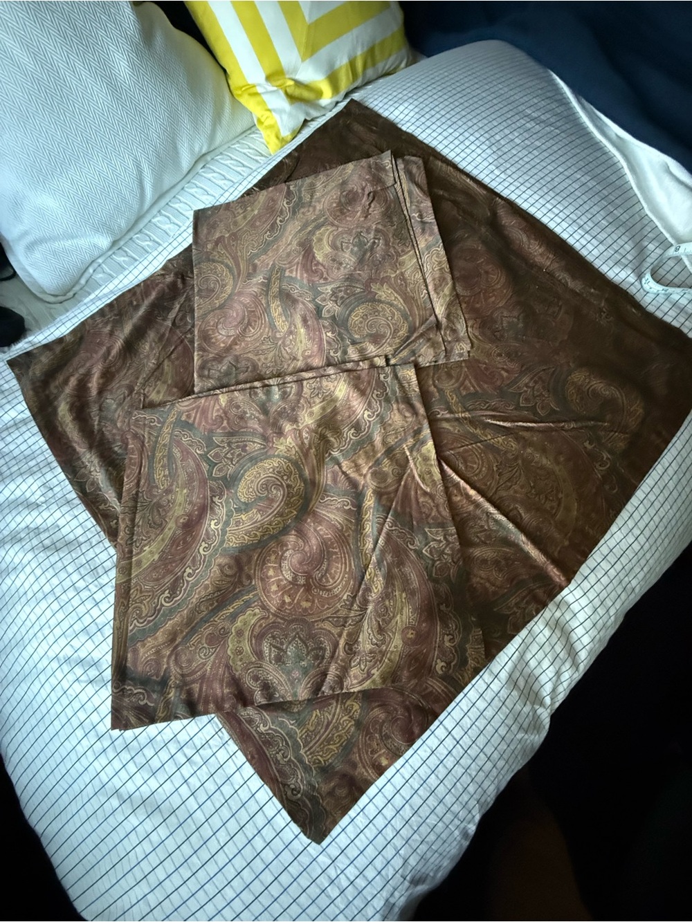3 Vintage Ralph Lauren Paisley Decorative Euro Shams in Brown and Gold.